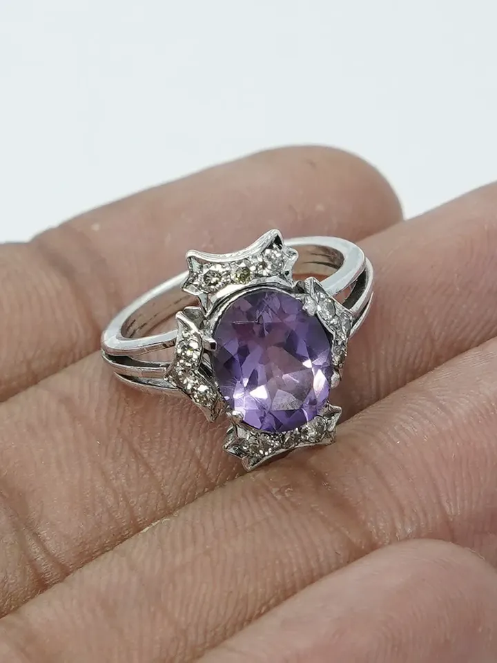 Natural Amethyst Diamond Ring, 925 Sterling Silver Ring, Amethyst Engagement Ring, Anniversary Gift, Amethyst Jewelry, Bridal Ring