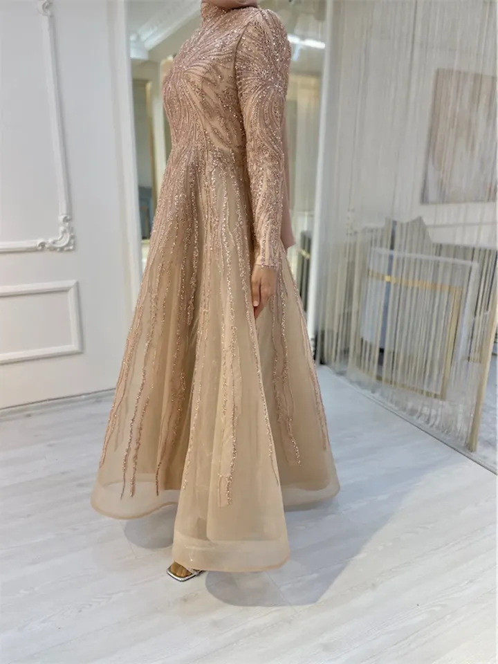 AHUNARE HIJAB - Masal Yarım Daire Honey Colored Embroidered Wedding Dress, Muslim Evening Gown, Islamic Wedding, Engagement, Bridesmaid,