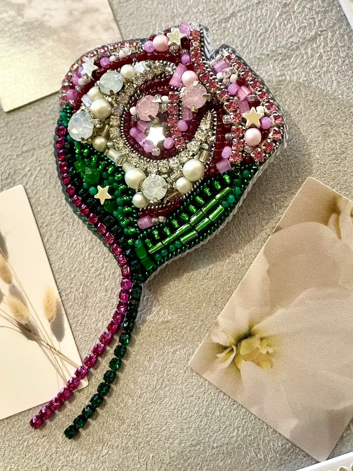 Moon Flower Beaded Brooch, Handmade Embroidered Accessory, Pin Blossom in Pink with Half-moon Crescent, Flower Brooch