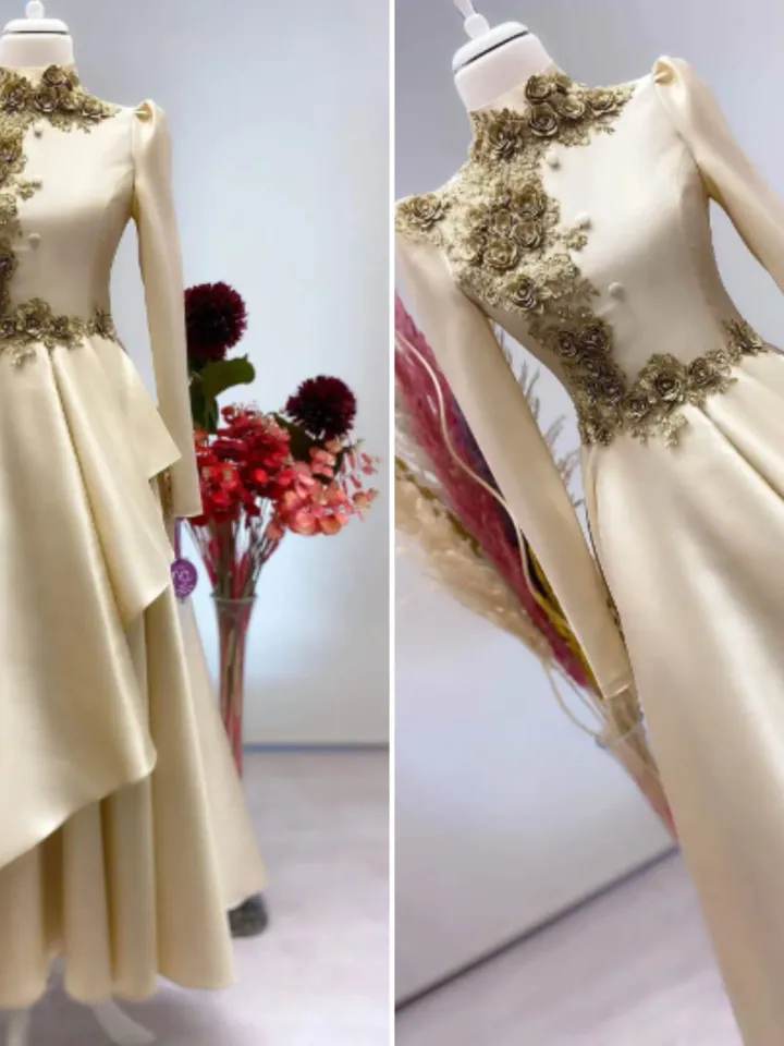 AHUNARE HIJAB - İnci  Gold Embroidered Wedding Dress, Muslim Evening Gown, Nikah, Islamic Wedding, Engagement, Bridesmaid,