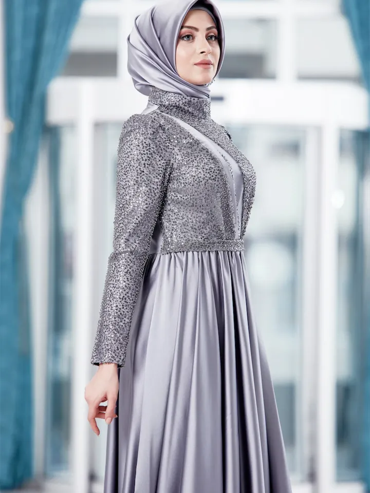 AHUNARE HIJAB - Berra Grey Satin Wedding Dress, Muslim Evening Gown, Nikah, Islamic Wedding, Engagement, Bridesmaid,