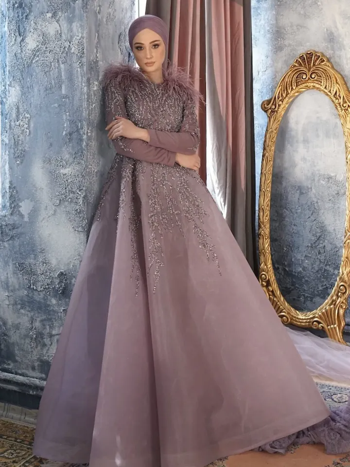 AHUNARE HIJAB - Diamond Rose Color Embroidered Princess Wedding Dress, Muslim Evening Gown, Islamic Wedding, Engagement, Bridesmaid,