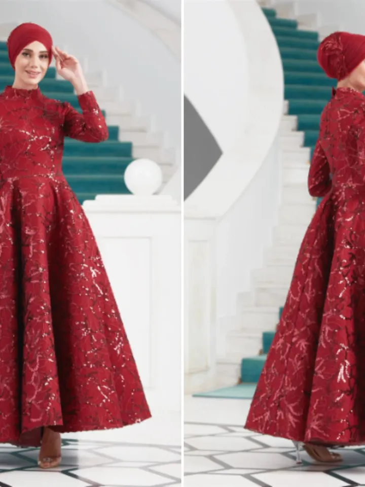 AHUNARE HIJAB - Salkım Burgundy Embroidered Wedding Dress, Muslim Evening Gown, Nikah, Islamic Wedding, Engagement, Bridesmaid,