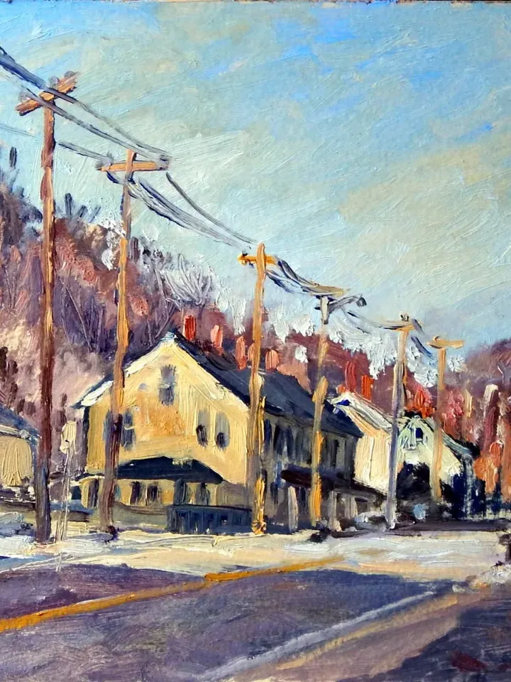 New England Landscape Painting - Houses and Poles- 8x12 Oil on Panel, Plein Air Impressionist Fine Art, Signed Original Cityscape