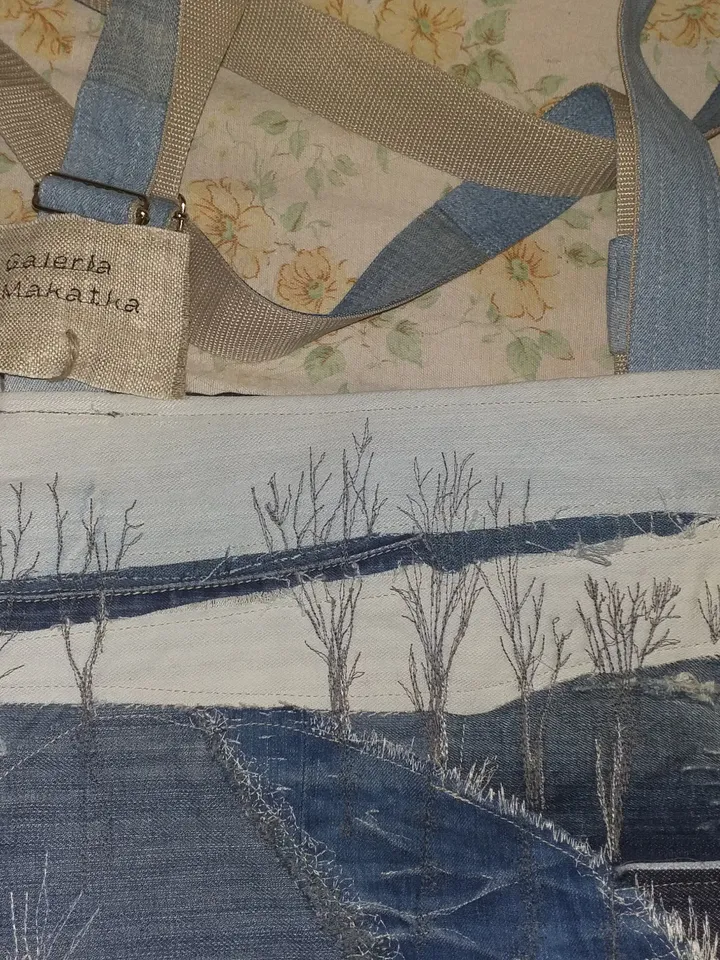 Blue denim ,jeans bag ,upcycling , Bag with winter landscape