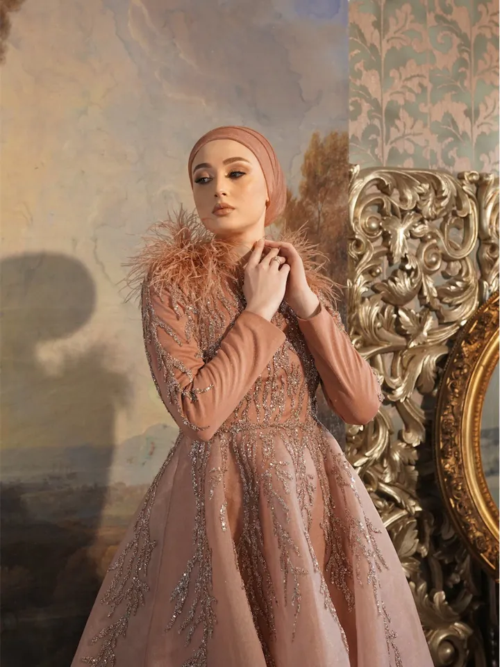 AHUNARE HIJAB - Diamond Copper Embroidered Wedding Dress, Muslim Evening Gown, Nikah, Islamic Wedding, Engagement, Bridesmaid,