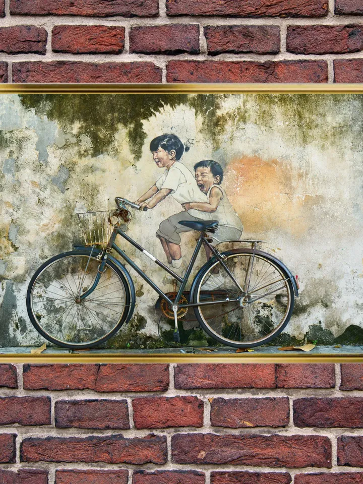 Bike and Kids Print on Canvas , Floating Frame Option, Modern Wall Art, Extra Large Canvas Wall Art