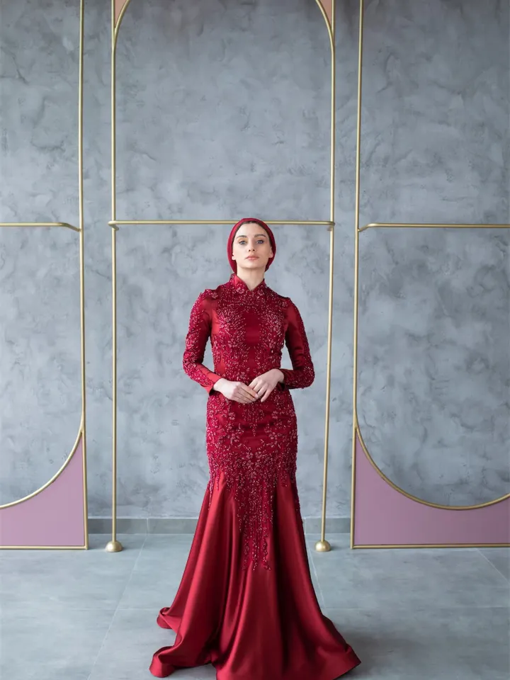 AHUNARE HIJAB - Laiya Burgundy Mermaiad Embroidered Wedding Dress, Muslim Evening Gown, Nikah, Islamic Wedding, Engagement, Bridesmaid,