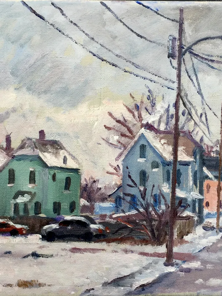 Original Winter Landscape Painting - Snowfall/North Adams - 8x8 Oil on Canvas, Plein Air Impressionist Snow Scene, Signed Original Fine Art