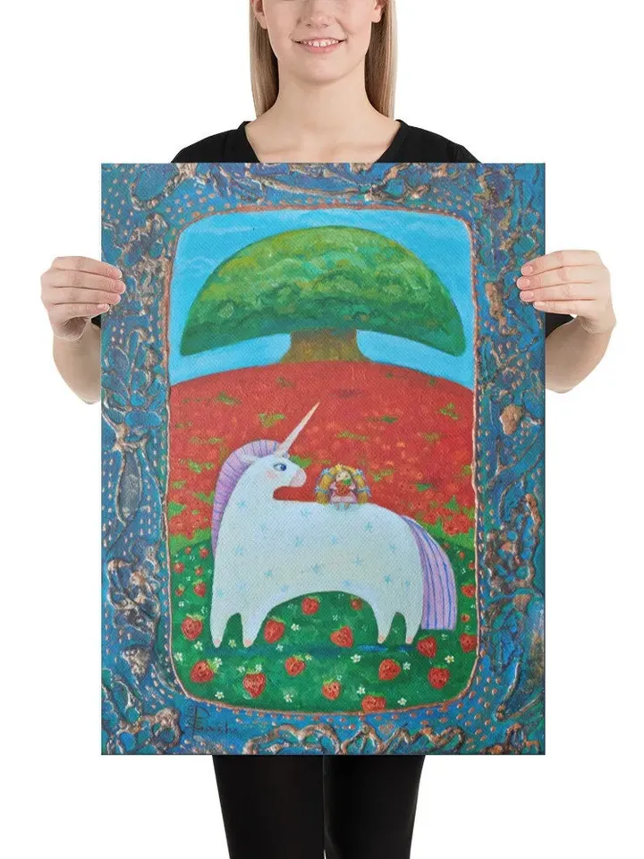 White unicorn and princess in a strawberry field, Painting for a nursery, Painting for a girl room, print on canvas, Wall décor, Art wall