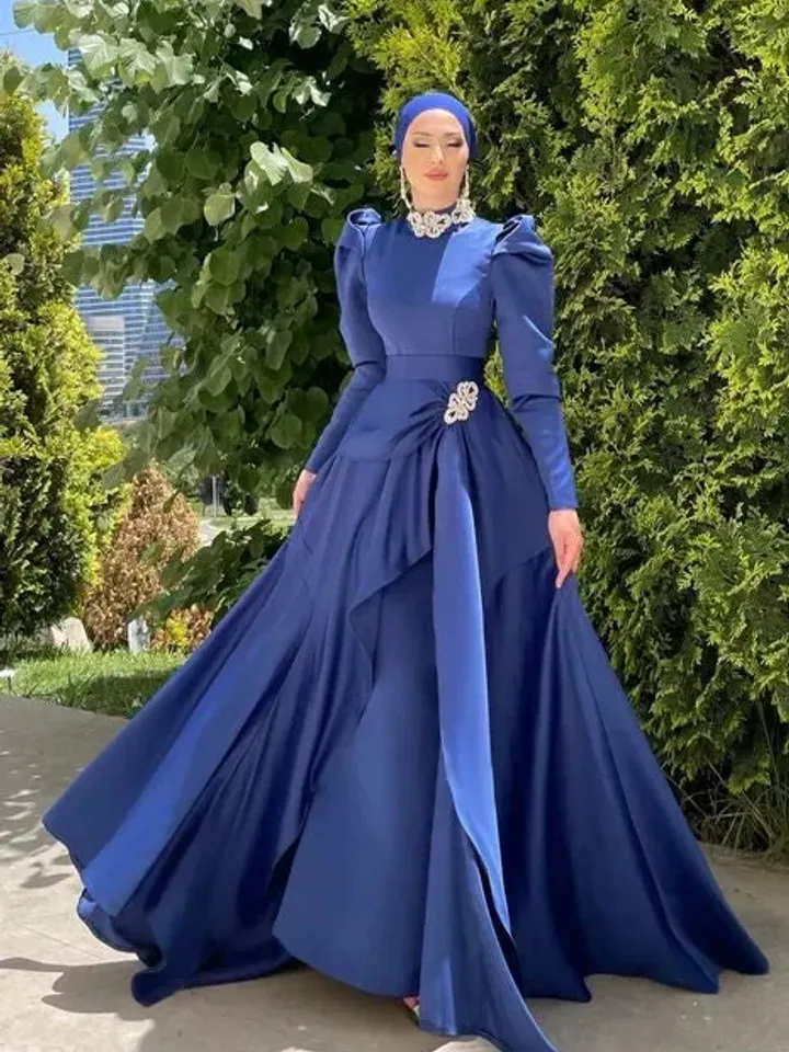 Ahsen Navy Blue Satin Tailed Embroidered Ahuanre Wedding Dress, Muslim Evening Gown, Islamic Wedding, Engagement, Bridesmaid,
