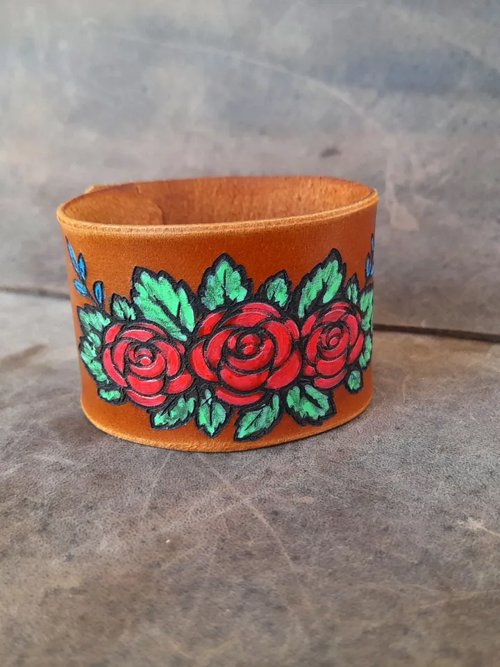 Red Roses Bracelet, Hand Painted Wide Leather Cuff Bracelet, Western Style, Floral Leather, Personalizable, Secret Message, Plant Lover Gift