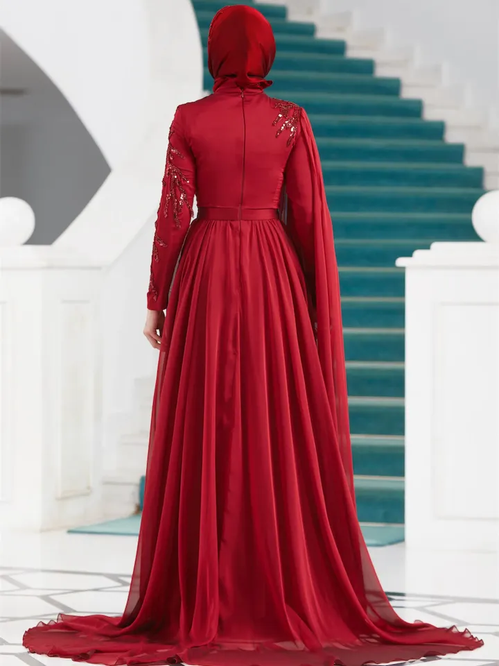 AHUNARE HIJAB - Vera Burgundy Chiffon Wedding Dress, Muslim Evening Gown, Nikah, Islamic Wedding, Engagement, Bridesmaid,