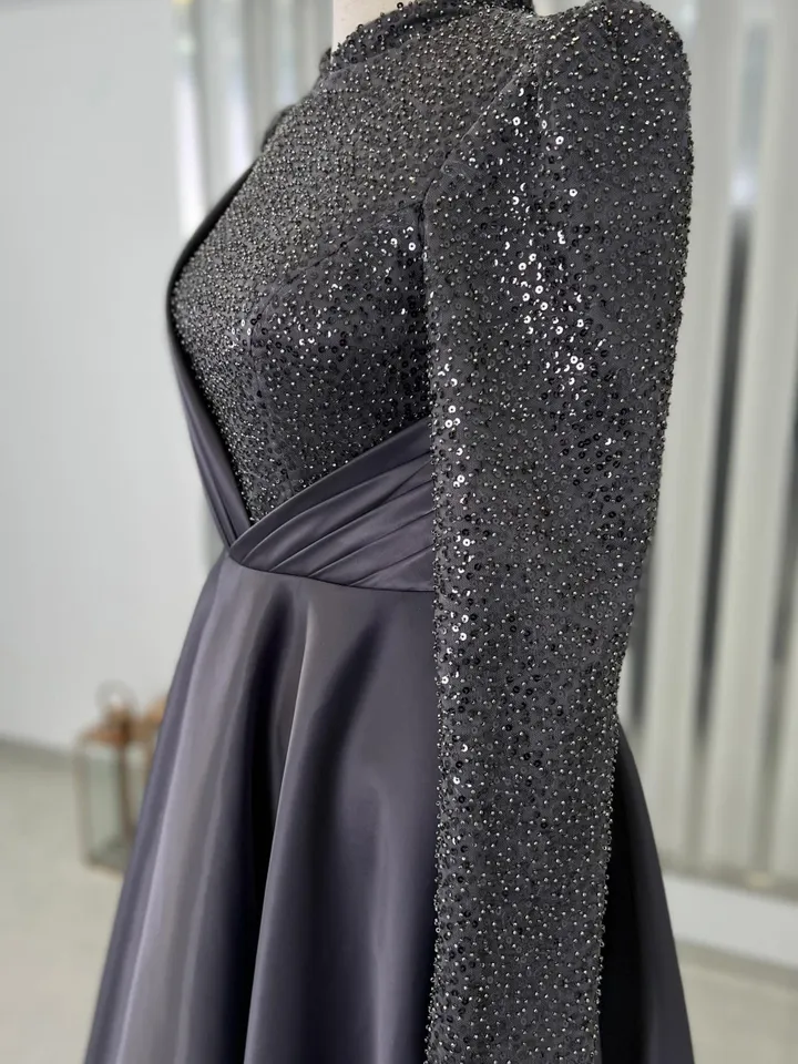Rüya Ahunare Grey Embroidered Wedding Dress, Muslim Evening Gown, Nikah, Islamic Wedding, Engagement, Bridesmaid, Maxi Dress