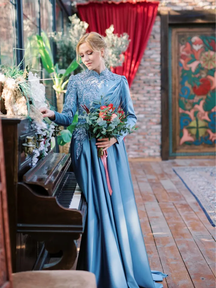 AHUNARE HIJAB - Lara Roza İndigo Satin Wedding Dress, Muslim Evening Gown, Nikah, Islamic Wedding, Engagement, Bridesmaid,