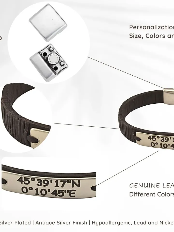 Personalized Longitude Latitude Bracelet in Leather | Custom GPS Coordinates Engraved Bracelet | Long Distance Gift Boyfriend / Girlfriend