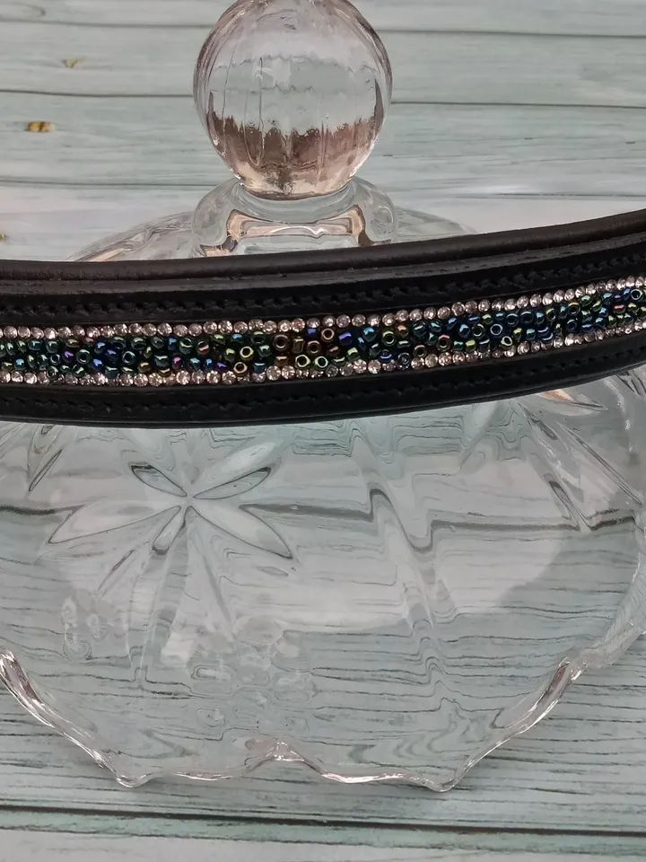Beaded Browband Silver Crystal Chain Straight Shape-Black Leather Browband With Soft Padding-NEXT DAY DISPATCH!