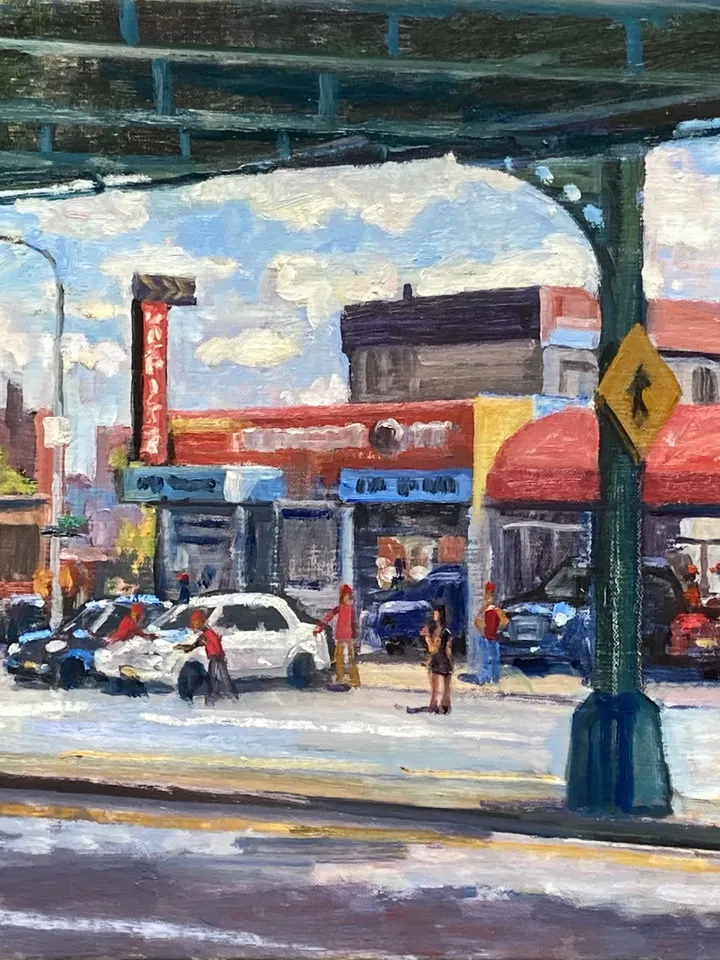 New York Cityscape Painting -Broadway Bridge Car Wash/Inwood NYC- 14x20 Oil on Canvas, Signed Original Urban Impressionist Landscape