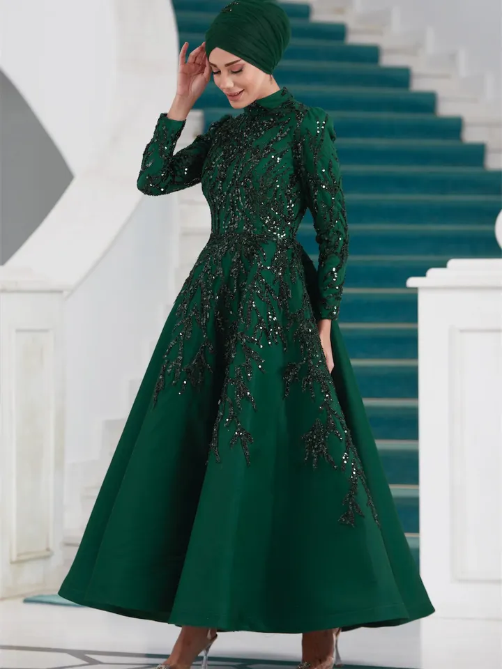 AHUNARE HIJAB - Yıldız Emerald Embroidered Wedding Dress, Muslim Evening Gown, Nikah, Islamic Wedding, Engagement, Bridesmaid,