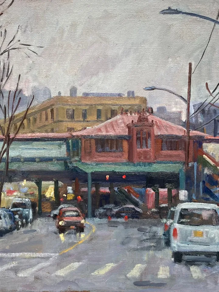 Original Bronx Oil Painting - Rainy 238th Street/NYC- 14x20 Oil on Canvas, Urban Impressionist Street Scene, Signed Original