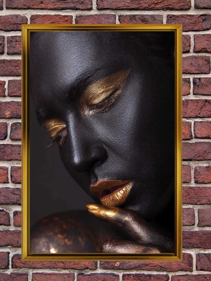 African Woman , Golden Make-Up Woman Print on Canvas , Floating Frame Option, Modern Wall Art, Canvas Wall Art , Extra Large Wall Art