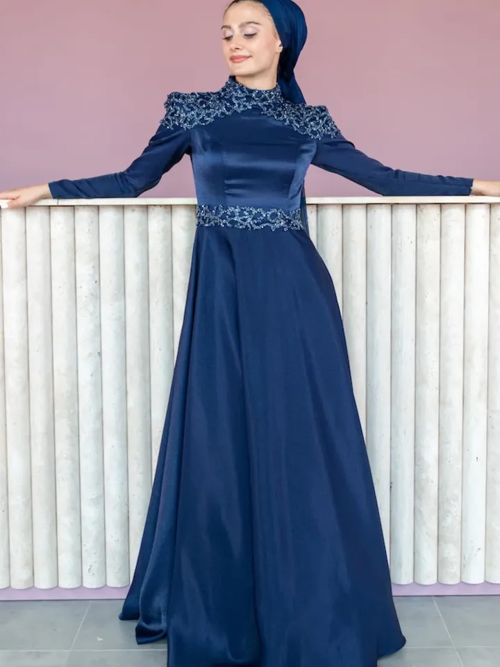 AHUNARE HIJAB - Bade Dress, Satin Dress, Navy Blue Color, Muslim Evening Dress, Nikah, Wedding, Engagement, Bridesmaid, ,