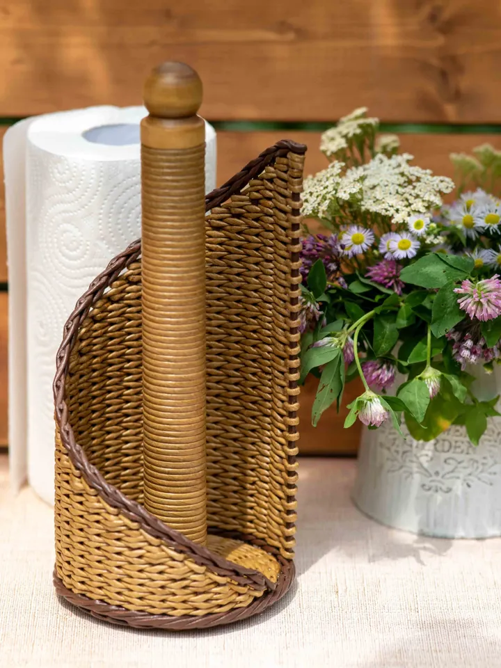 Paper towel holder with wooden tip. Wicker handmade holder.