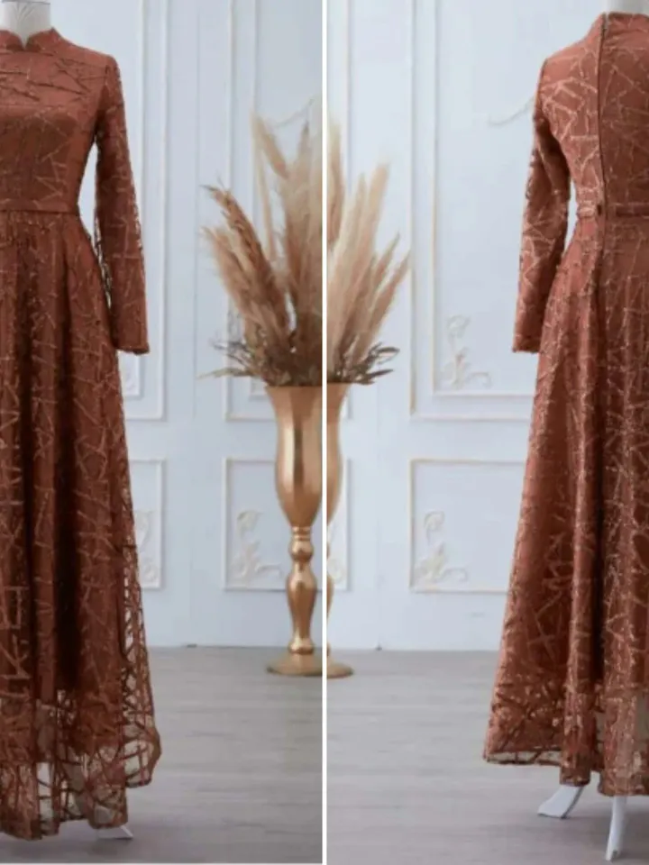 Parıltı brick color silvery embroidered Ahunare Wedding Dress, Muslim Evening Gown, Islamic Wedding, Engagement, Bridesmaid, Maxi Dress