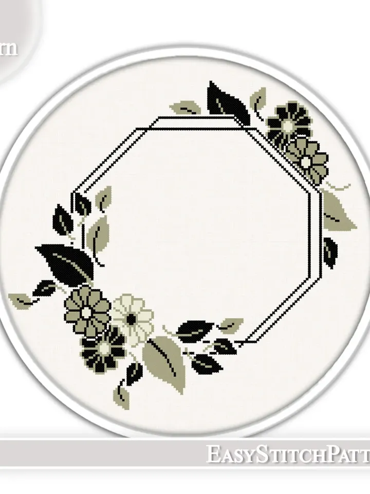 Gothic frame cross stitch pattern. Floral border cross stitch pattern.