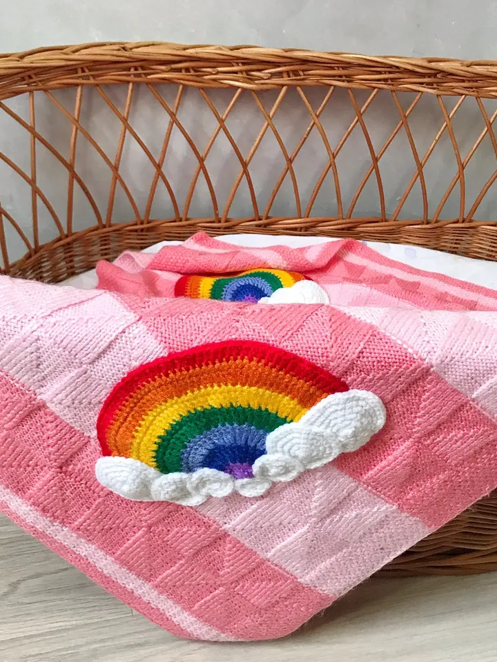 Pink rainbow baby blanket, Crochet baby girl blanket and booties, Gift set for baby girl