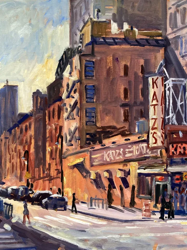 New York Cityscape Painting - Down Ludlow/Katz&#39;s Delicatessen/NYC- 18x24 Oil on Linen, Original Lower East Side Urban Impressionist Scene