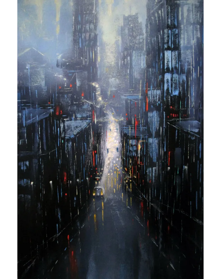 Cyberpunk Painting "NIGHT LIGHTS" Original Oil Painting on Canvas, Modern City Original Art by "Walperion Paintings"