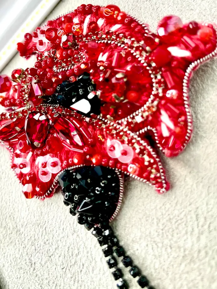Poppy Brooch in Red and Black Colors, Handmade Embroidered Accessory, Flower Pin, Flower Brooch, Red Brooch
