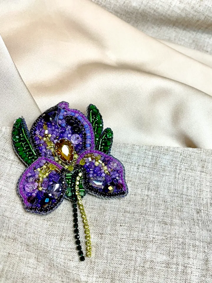 Iris Set of Beaded Brooches, Handmade Embroidered Accessory, Pin Flower of Purpel and Golden Colors, Flower Brooch