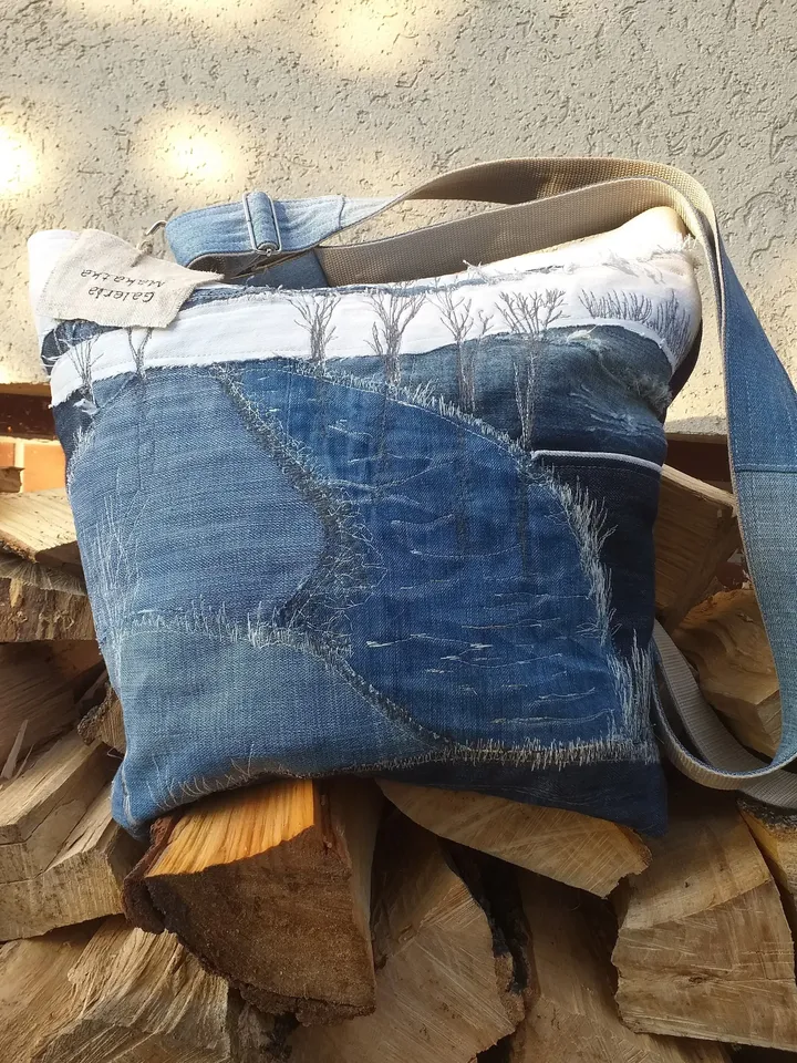 Blue denim ,jeans bag ,upcycling , Bag with winter landscape