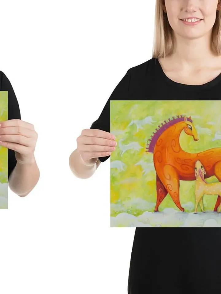 Orange sunny Horses on the clouds, Horse and foal, Bright decorative painting, Wall decor, Red stallion, Poster from the original painting