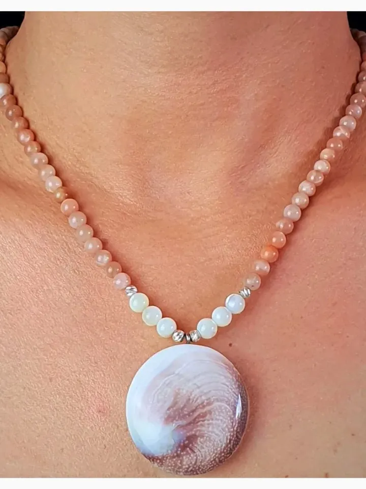 Natural Pure Gomti Chakra Necklace, 925 Sterling Silver, Sunstone Jewellery, Mother of Pearl Beads, Summer Jewelry, Healer Gemstone, Lakshmi