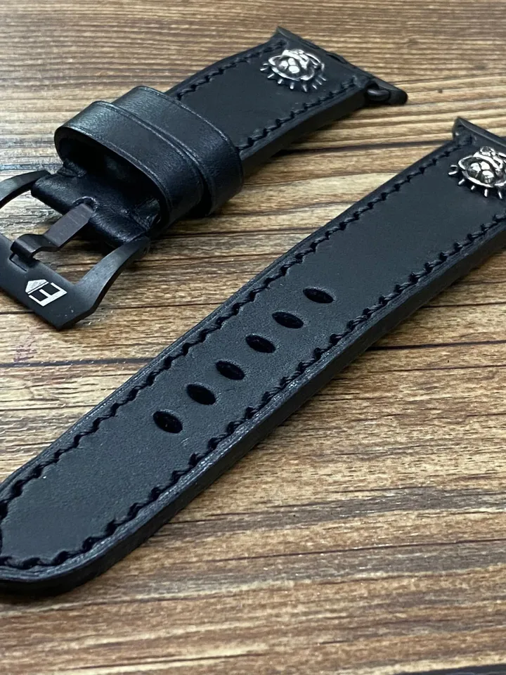 Apple Watch Bands in Black Leather for Apple Watch Series 6, Apple Watch Straps in 44mm 40mm, Bulldog Lovers Gift, Silver 925, iWatch Band