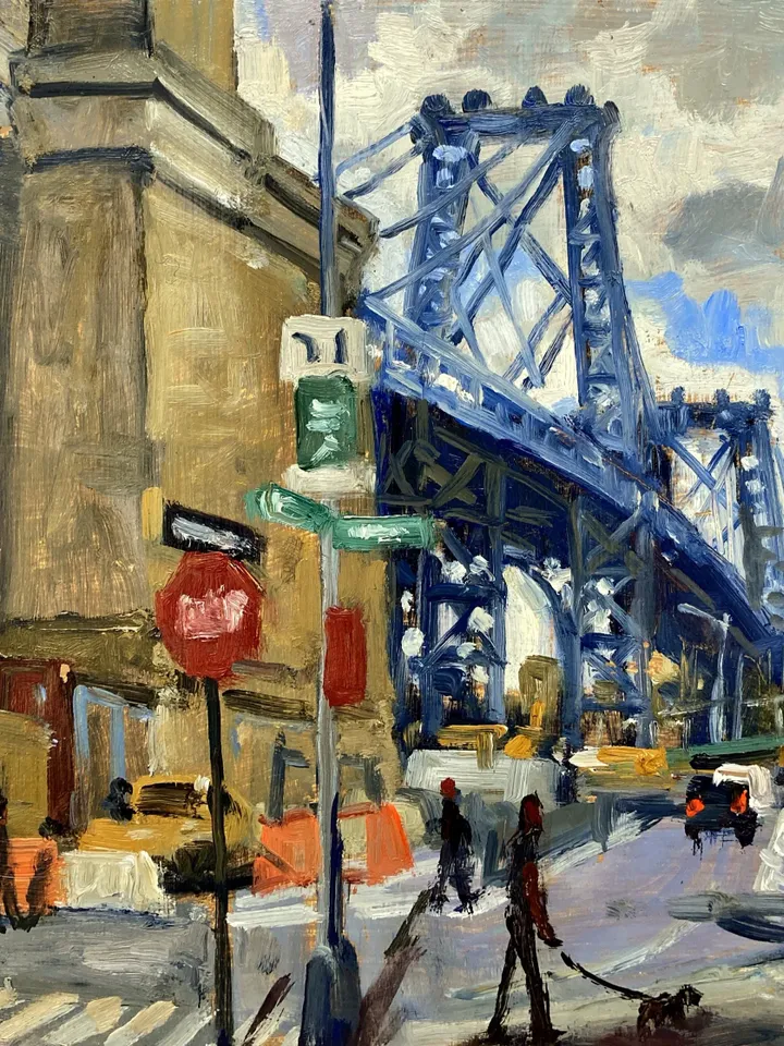 Original New York Landscape Painting - Williamsburg Bridge NYC/Cloudy - 9x12 Oil on Panel, Urban Plein Air Impressionist Cityscape
