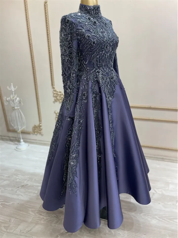 AHUNARE HIJAB - Lal Navy Blue Embroidered Wedding Dress, Muslim Evening Gown, Nikah, Islamic Wedding, Engagement, Bridesmaid,