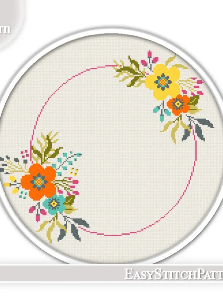 Modern cross stitch. Wreath cross stitch pattern. Flower frame cross stitch.