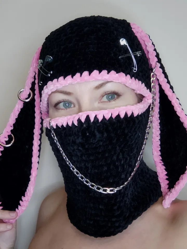 Pink black bunny balaclava Bunny kigurumi hat Sexy balaclava hat Crazy bunny hat crochet Halloween full face cover