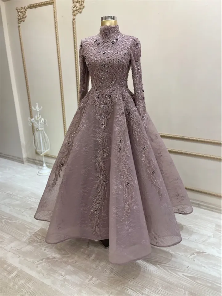AHUNARE HIJAB - Lal Lilac Embroidered Wedding Dress, Muslim Evening Gown, Nikah, Islamic Wedding, Engagement, Bridesmaid,