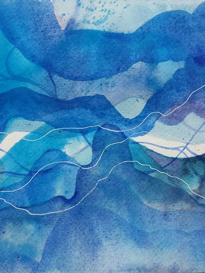 Absract painting original watercolor art blue waves bright painting