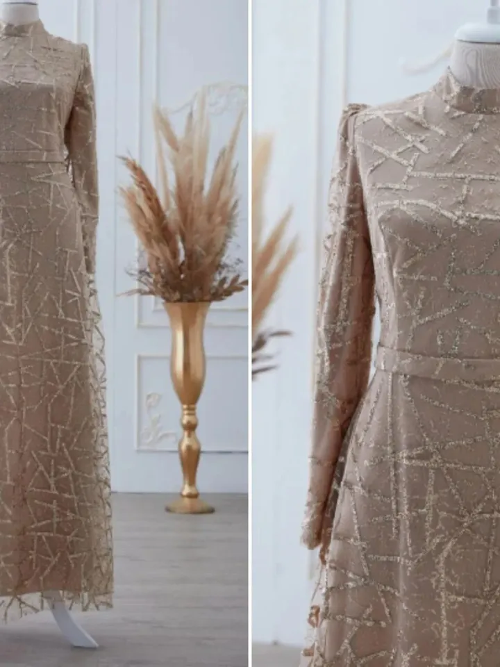 Parıltı brick gold embroideredAhunare Wedding Dress, Muslim Evening Gown, Nikah, Islamic Wedding, Engagement, Bridesmaid, Maxi Dress