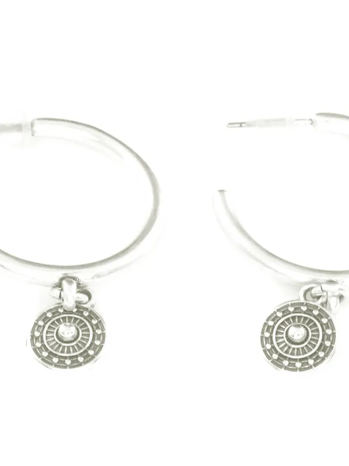 Hoop Earrings with Tiny Ethnic Charm, Gold Silver Dangle Hoops 29mm for Women Teens, Dainty Tribal Minimal Coin Geometric Jewelry for Her