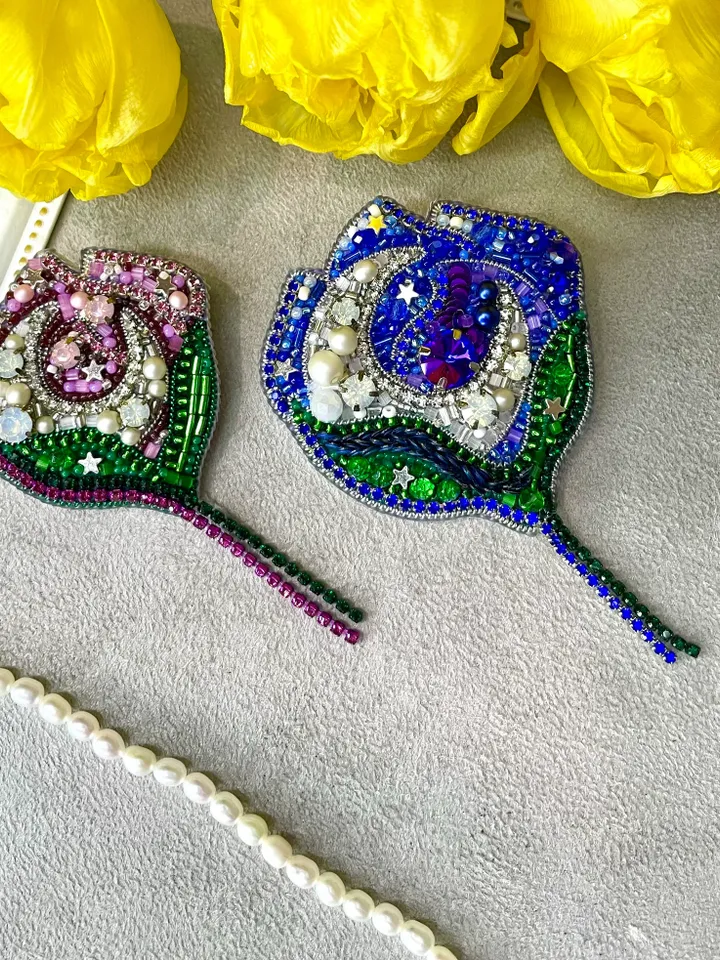 Beaded Flower Brooch, Handmade Embroidered Accessory, Pin Blossom in Blue Color with Half-moon Crescent, Moon Brooch