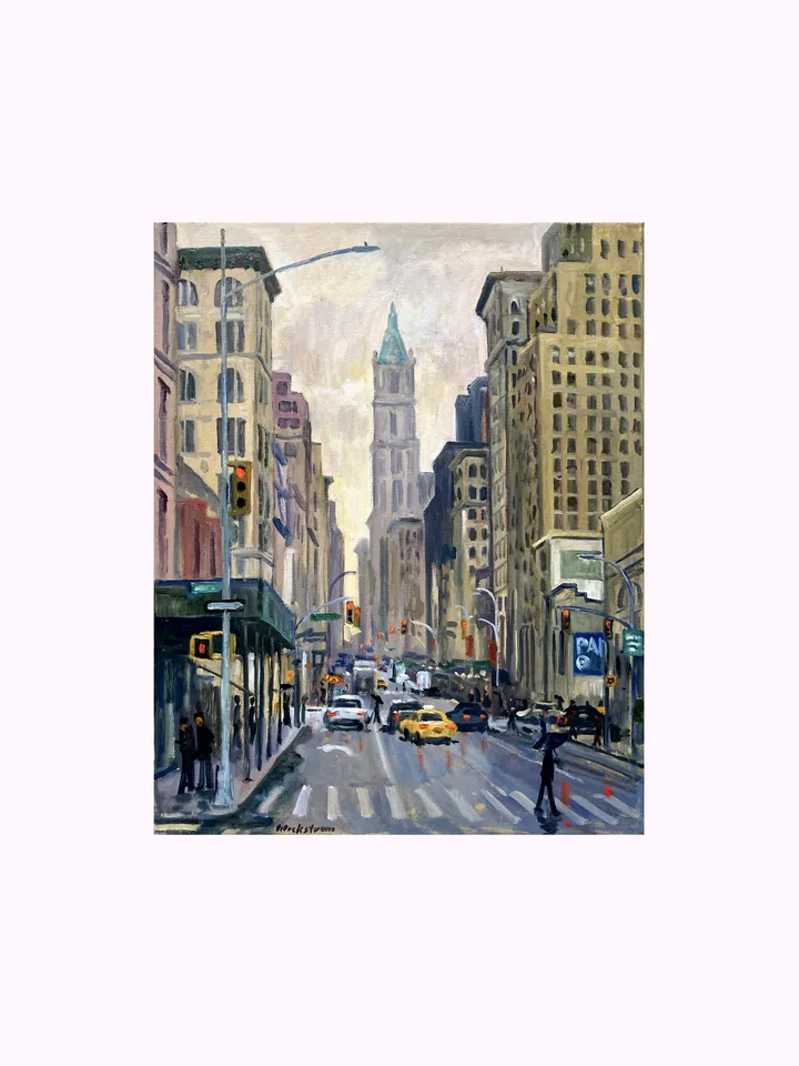 Original New York Cityscape Painting - Down Broadway/NYC Rain - 16x20 Oil on Linen, Signed Original New York Impressionist Fine Art