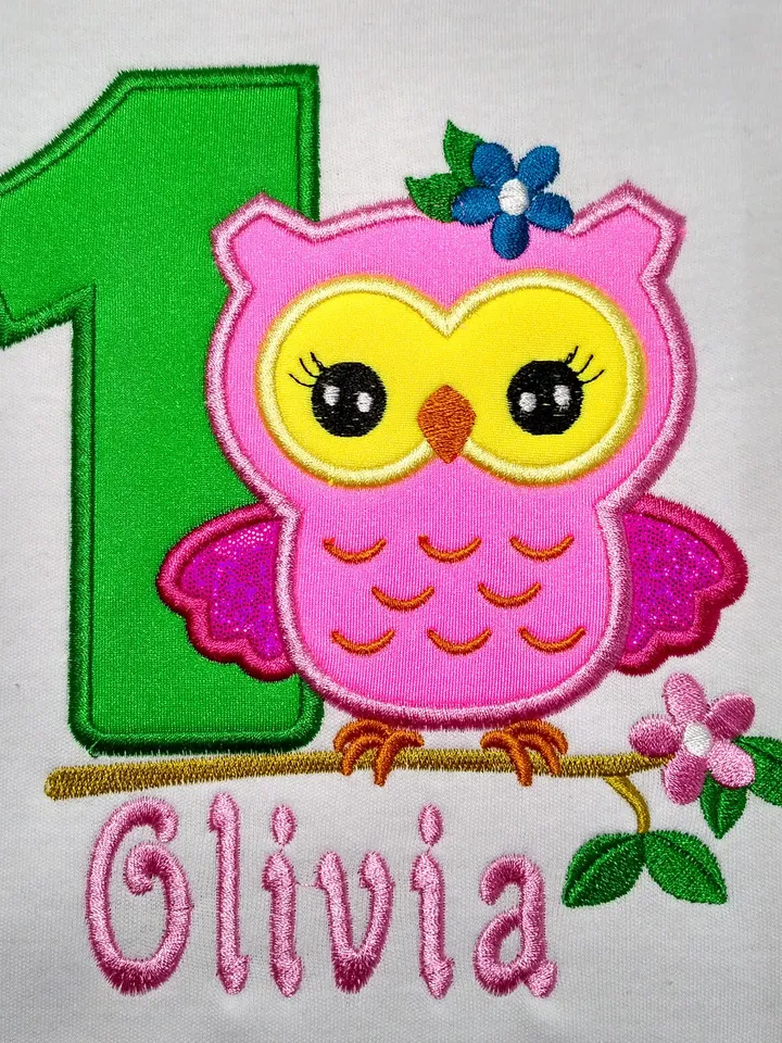 Owl with number One Birthday for girl Design Applique for Machine Embroidery