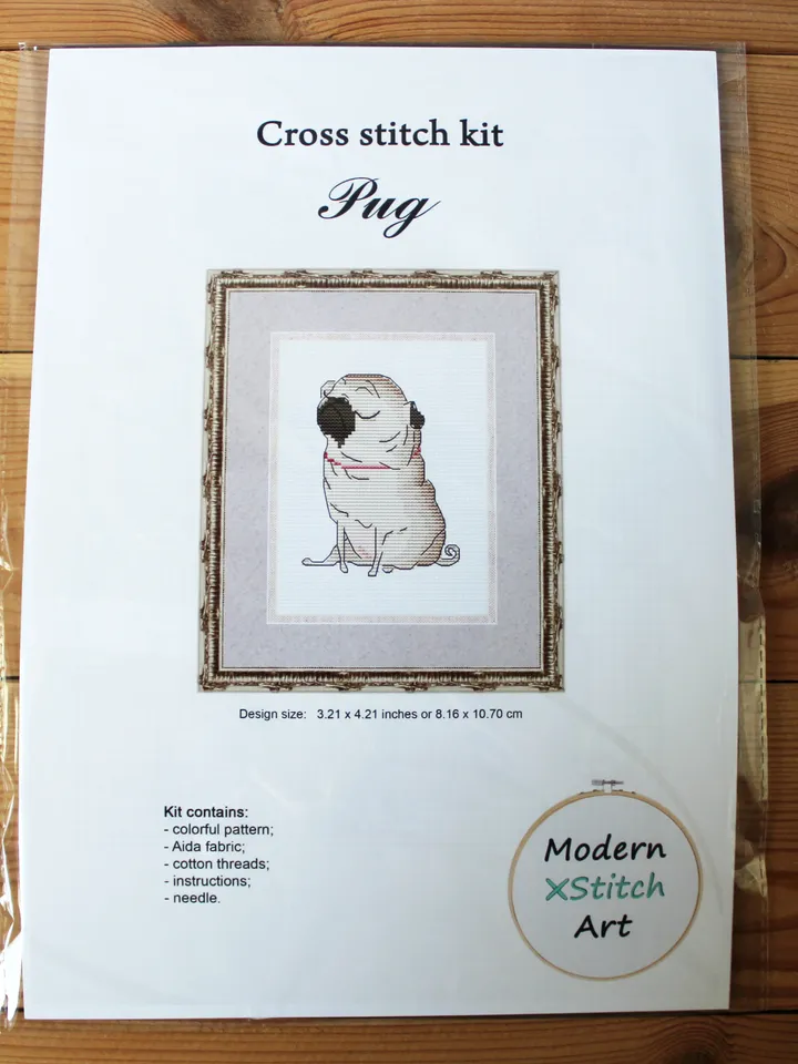 Pug Cross Stitch Kit, Dog Embroidery Kit, Beginner Cross Stitch Kit, Modern Cross Stitch Kit, Easy Xstitch Kit